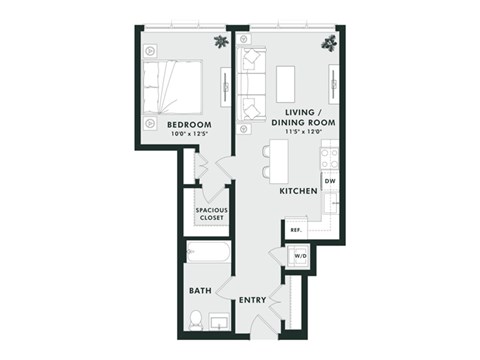 Floor plan for 1 bed, 1 bath, 659 sqft